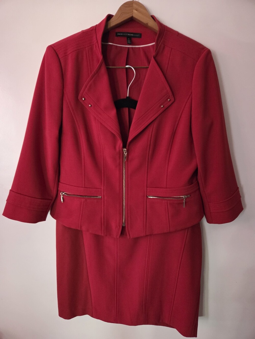 White House Black Market Red Zip-Front Blazer And Skirt with Gold Hardware
